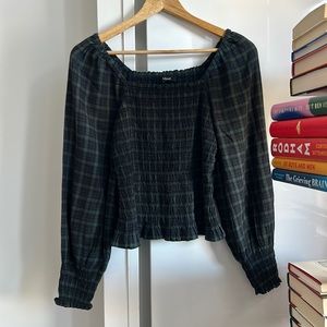 Madewell Lucie Bubble-Sleeve Smocked Top in Plaid
